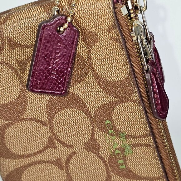 Coach Signature Women's Brown Leather Double Zip Wristlet Wallet144 - Picture 6 of 13